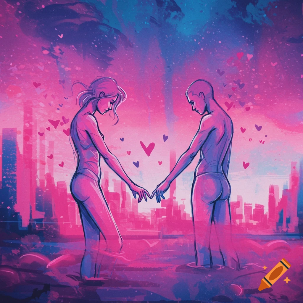A stylized illustration of a couple holding hands in water against a vibrant pink and blue city skyline with floating hearts.