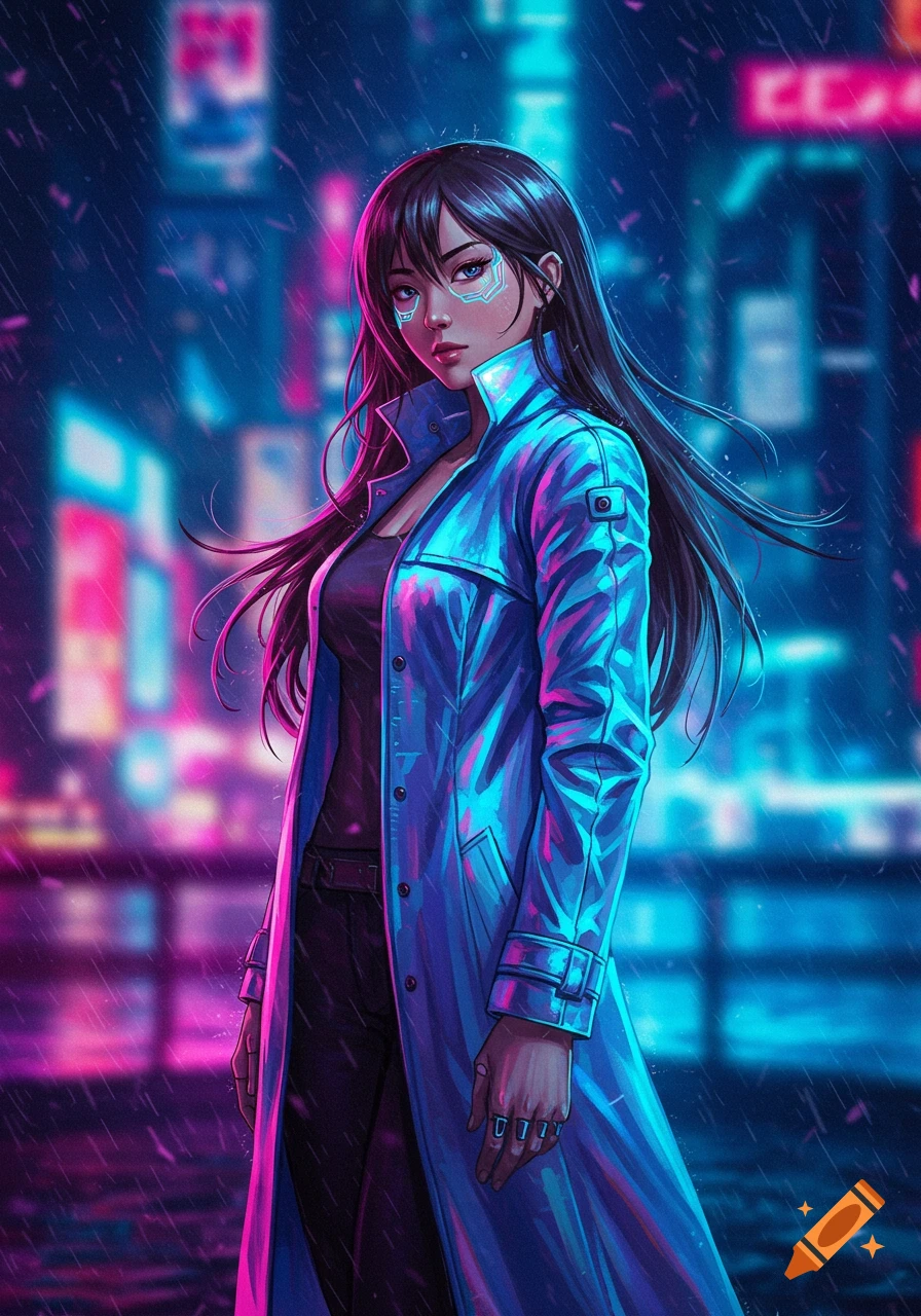 A cyberpunk woman with long black hair and glowing face markings stands in a neon-lit, rainy city street, wearing a blue trench coat. Anime style.
