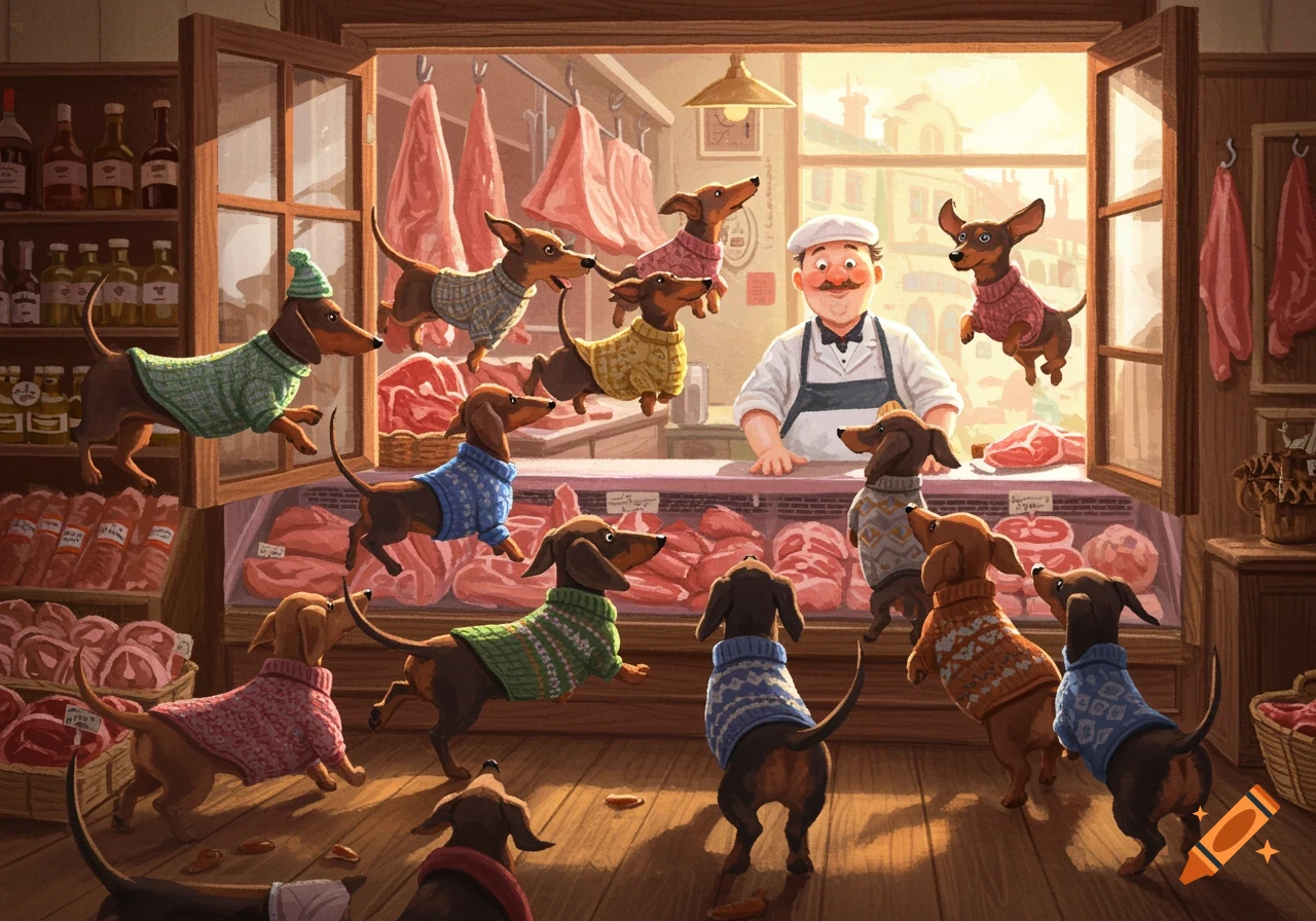 Whimsical illustration of dachshunds in colorful sweaters jumping into a butcher shop window, surprising the smiling butcher.