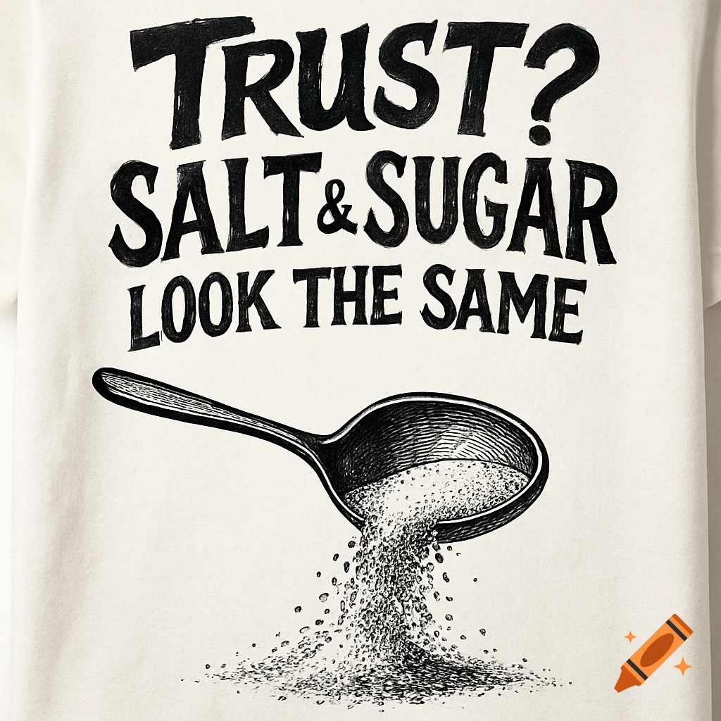 Close-up of a white T-shirt with the black text "TRUST? SALT & SUGAR LOOK THE SAME" above an illustration of a spoon spilling white granular material.