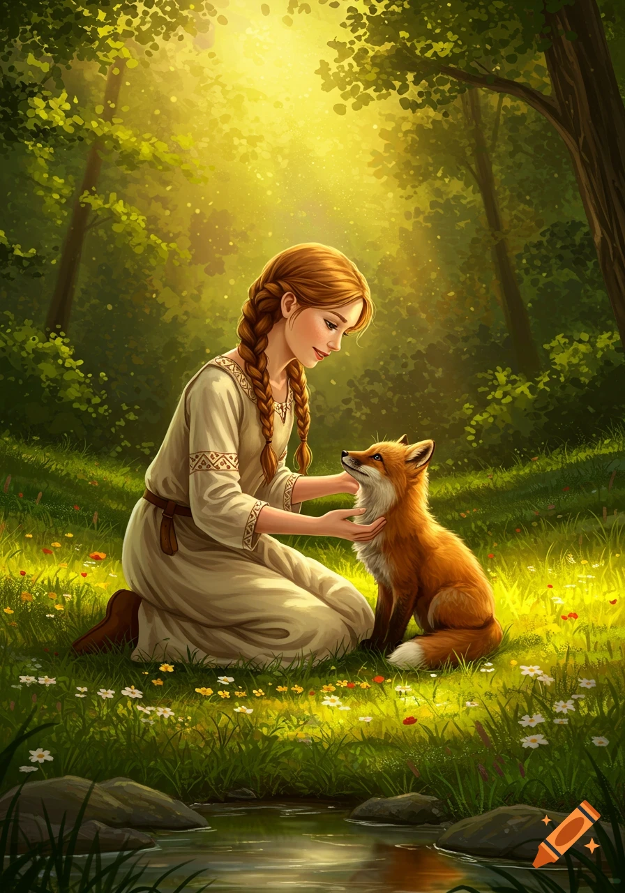 A medieval girl with braided hair kneels to gently pet an orange fox in a sunny forest with wildflowers and a small stream. Digital illustration.