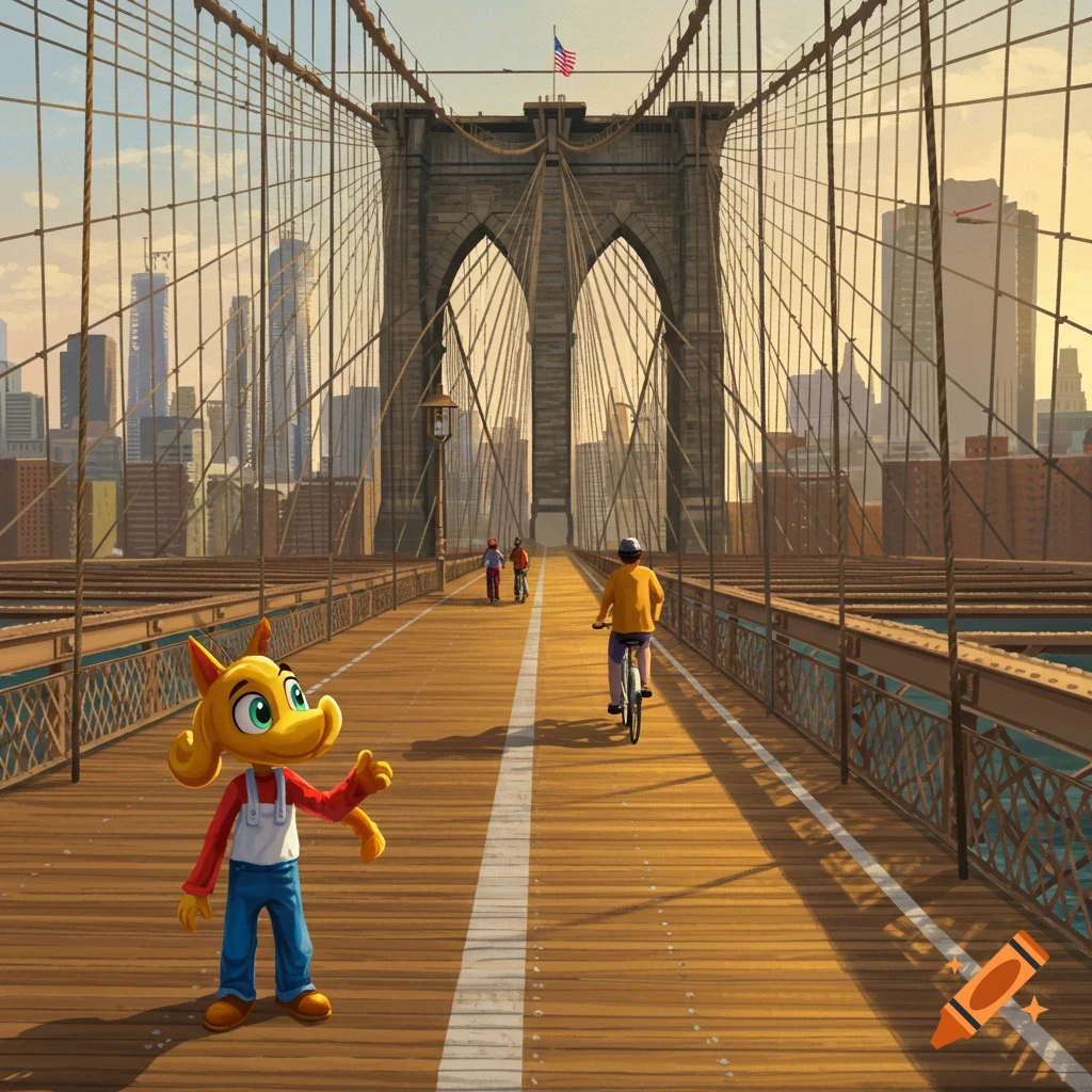 A cartoon character named Coco walks on the Brooklyn Bridge, with cyclists, the Manhattan skyline, and river in the background.