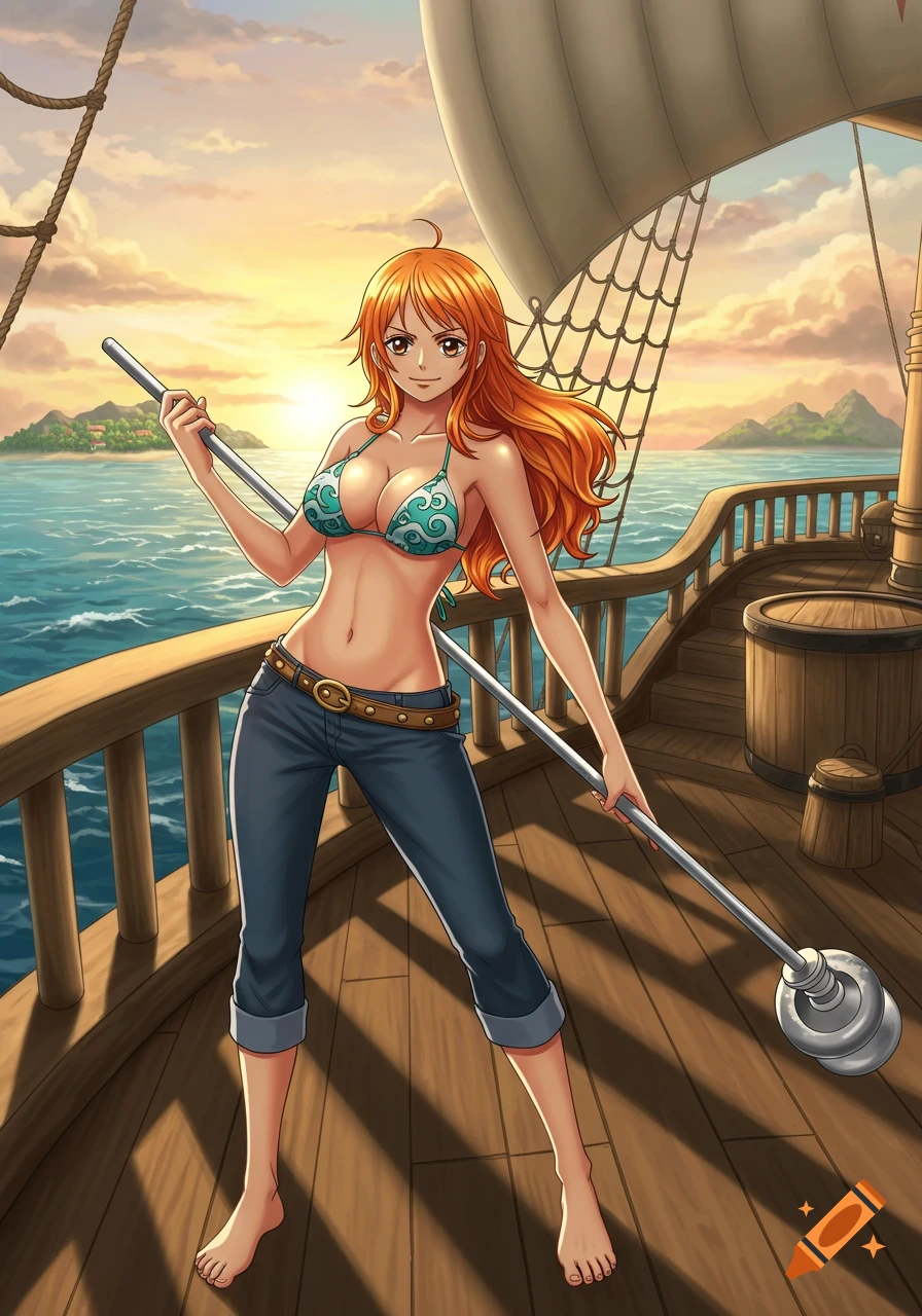 Anime-style woman with orange hair in bikini top and jeans holding a staff on a ship at sunset.