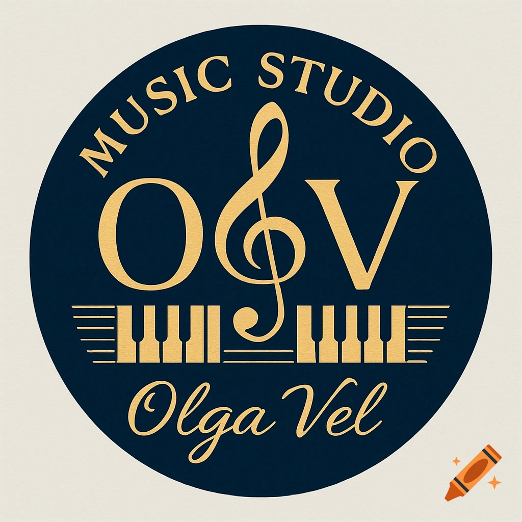 Gold and dark blue circular music studio logo with 'MUSIC STUDIO', 'O&V' with a treble clef, a piano keyboard, and 'Olga Vel'.