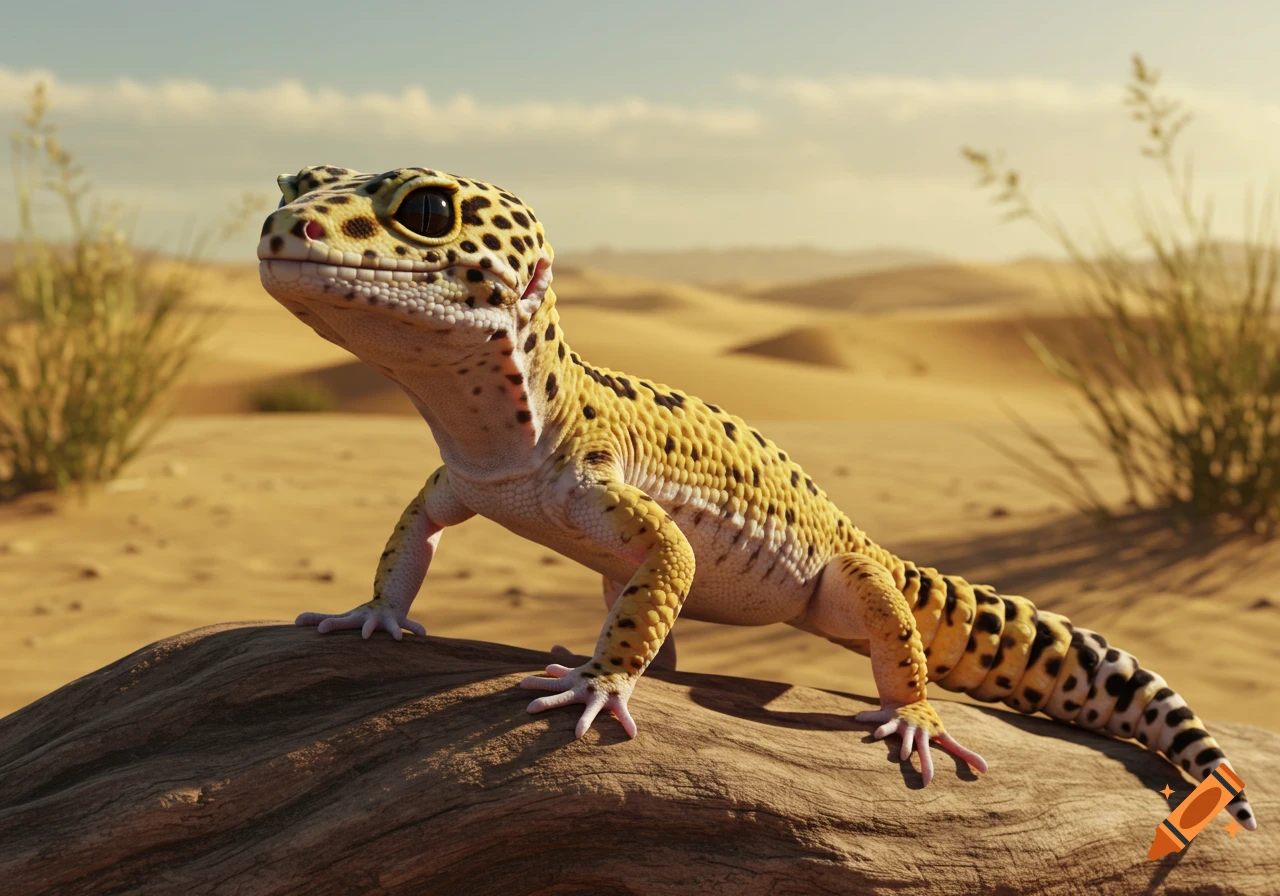 A photorealistic leopard gecko with yellow and black spots stands on a log in a desert landscape with sand dunes.