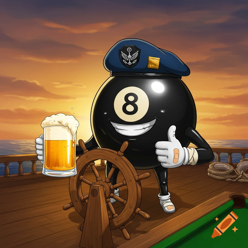 A smiling cartoon eight ball character in a blue beret steers a ship's wheel, gives a thumbs up, and holds a beer mug on a deck at sunset.