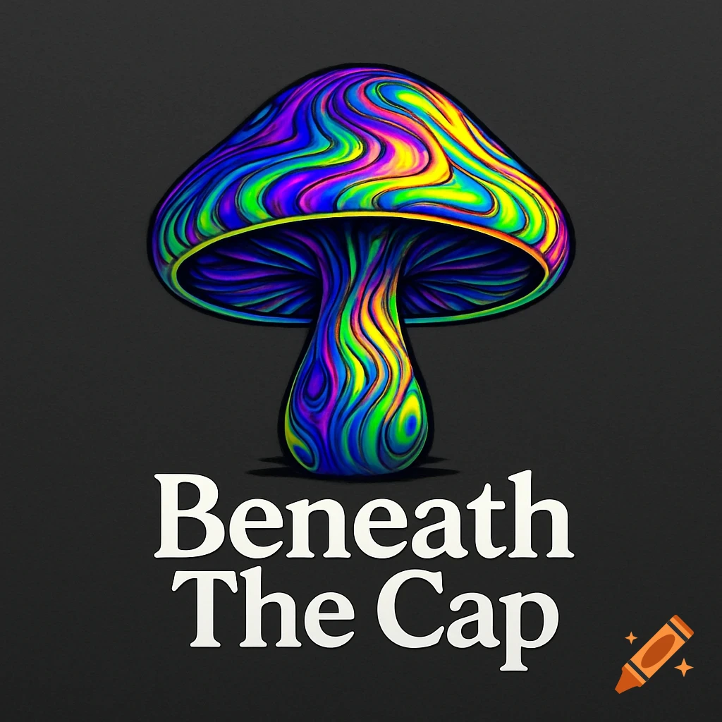 A vibrant, colorful psychedelic mushroom logo with the words 'Beneath The Cap' in white text on a dark background.