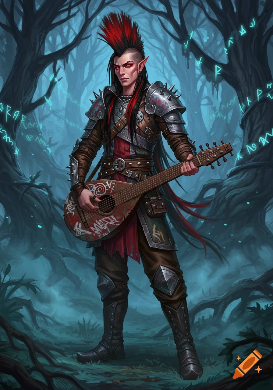 An elvish punk rocker bard with a red mohawk and black hair, wearing armor and holding a graffiti-covered lute in a misty forest with glowing runes.