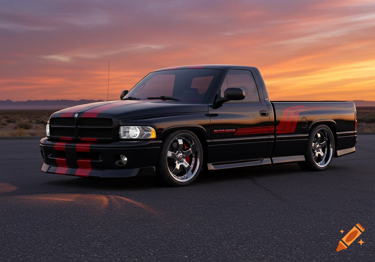 A black lowered Dodge Ram 1500 Sport pickup truck with red racing stripes on the hood and sides, parked at sunset.