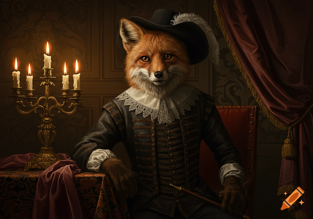 A fox in a black feathered hat and historical suit with lace collar sits by a lit candelabra, depicted as an oil painting.