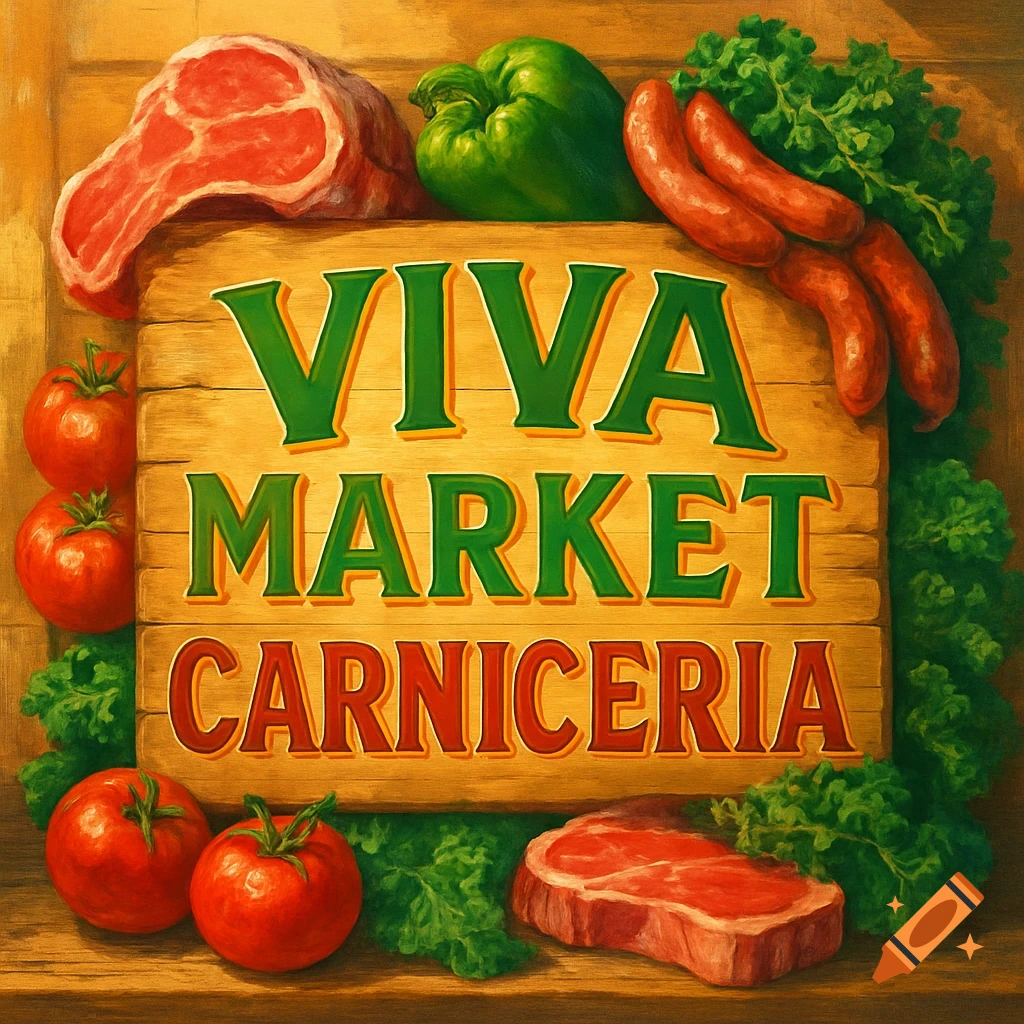 A wooden sign reading 'VIVA MARKET CARNICERIA' surrounded by raw steaks, sausages, tomatoes, green peppers, and leafy greens.
