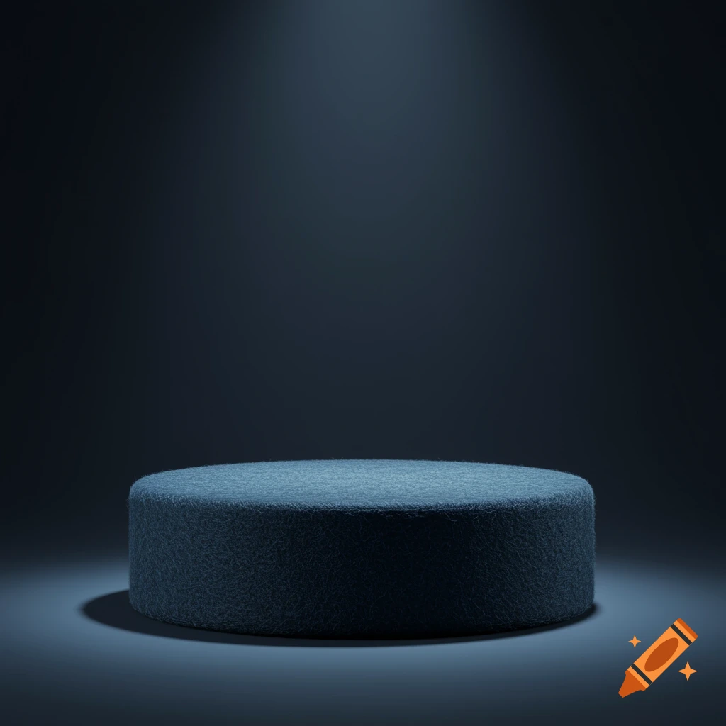 A dark blue felt cylindrical plinth illuminated by a spotlight on a dark blue background.
