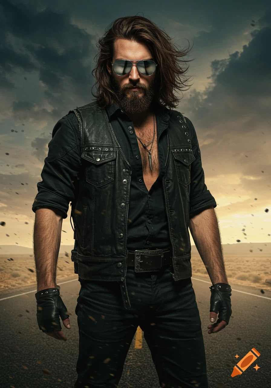 A rugged man with long hair, beard, and sunglasses wearing a leather vest, standing on a road at dusk.