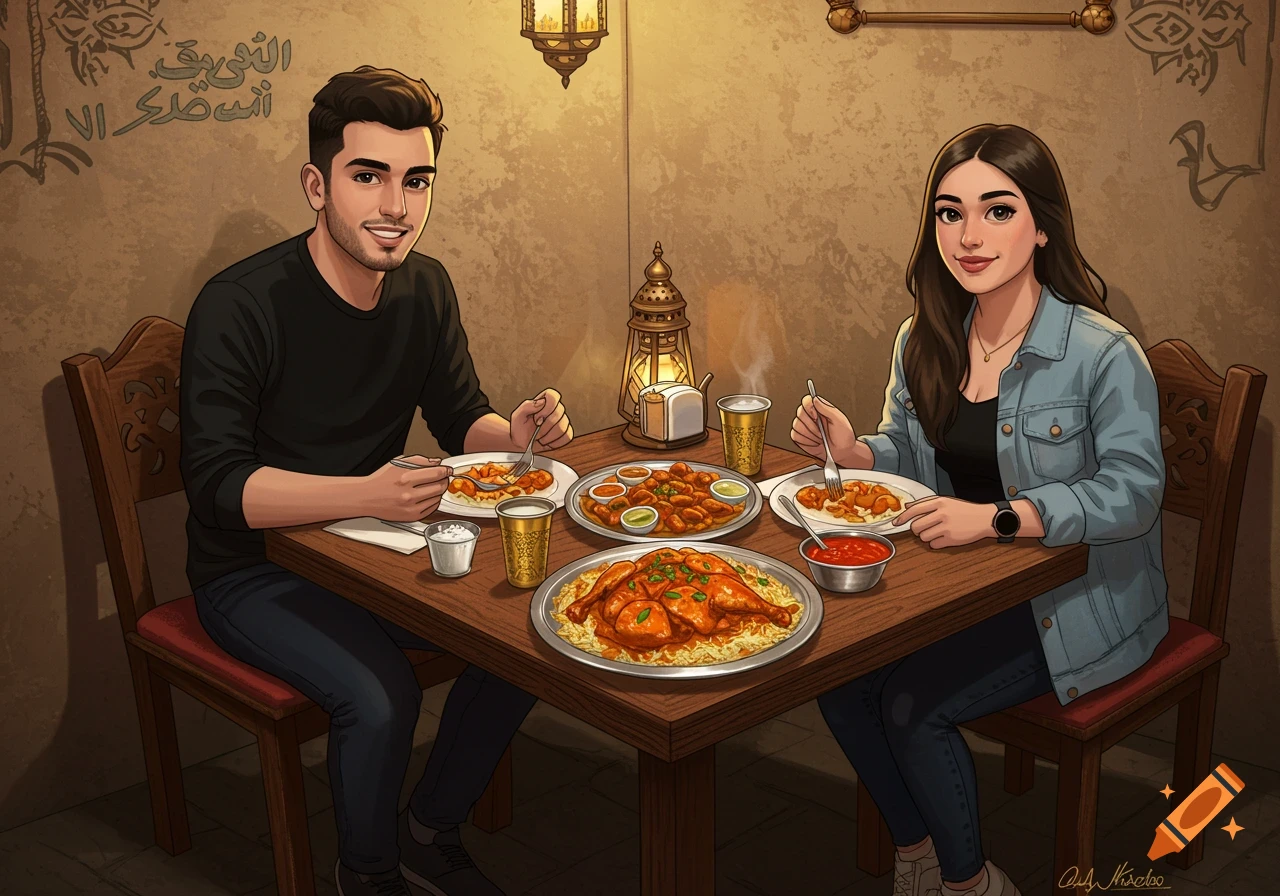 An anime-style illustration of a young couple eating chicken mandi and other dishes at a traditional Middle Eastern restaurant.