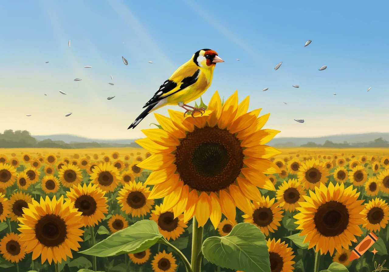 A vibrant goldfinch perches atop a large sunflower in a vast field of sunflowers under a bright blue sky.