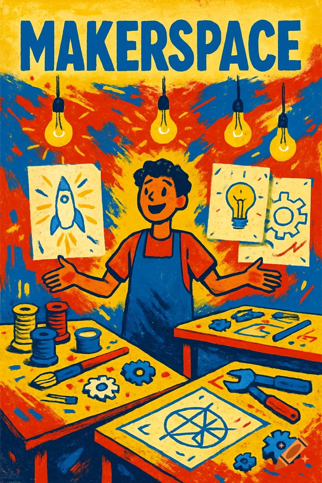 A vibrant, primary-colored poster of a smiling person in a makerspace with tools, crafts, and drawings of a rocket and lightbulb. Text says 'MAKERSPACE'.