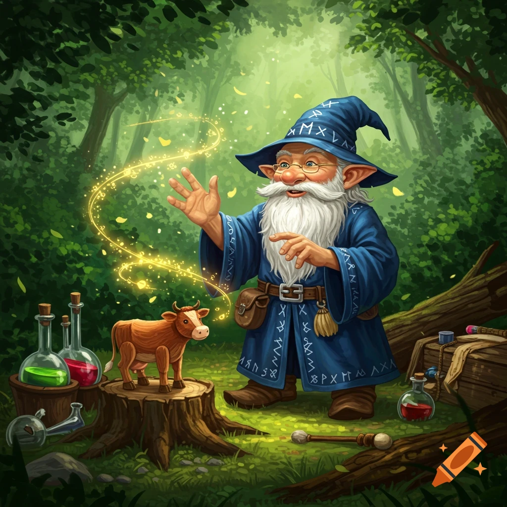 A whimsical gnomish wizard in a blue robe with a long white beard casts a spell, animating a small wooden cow in a magical forest.