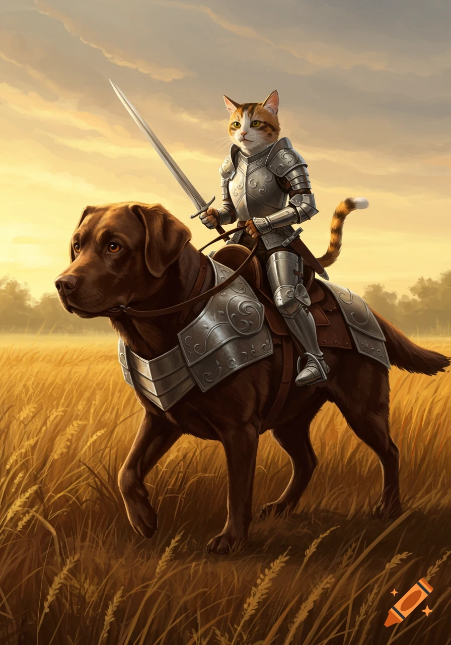 An armored calico cat rides a chocolate lab through a golden field at sunset in a digital painting.