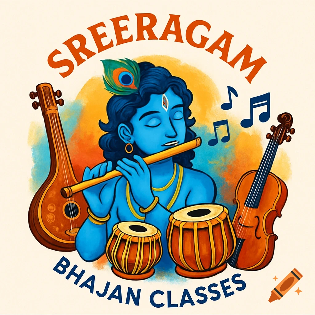 A vibrant cartoon logo of blue-skinned Krishna playing a flute, surrounded by a tambura, tabla, and violin. The text 'SREERAGAM BHAJAN CLASSES' is curved around him.