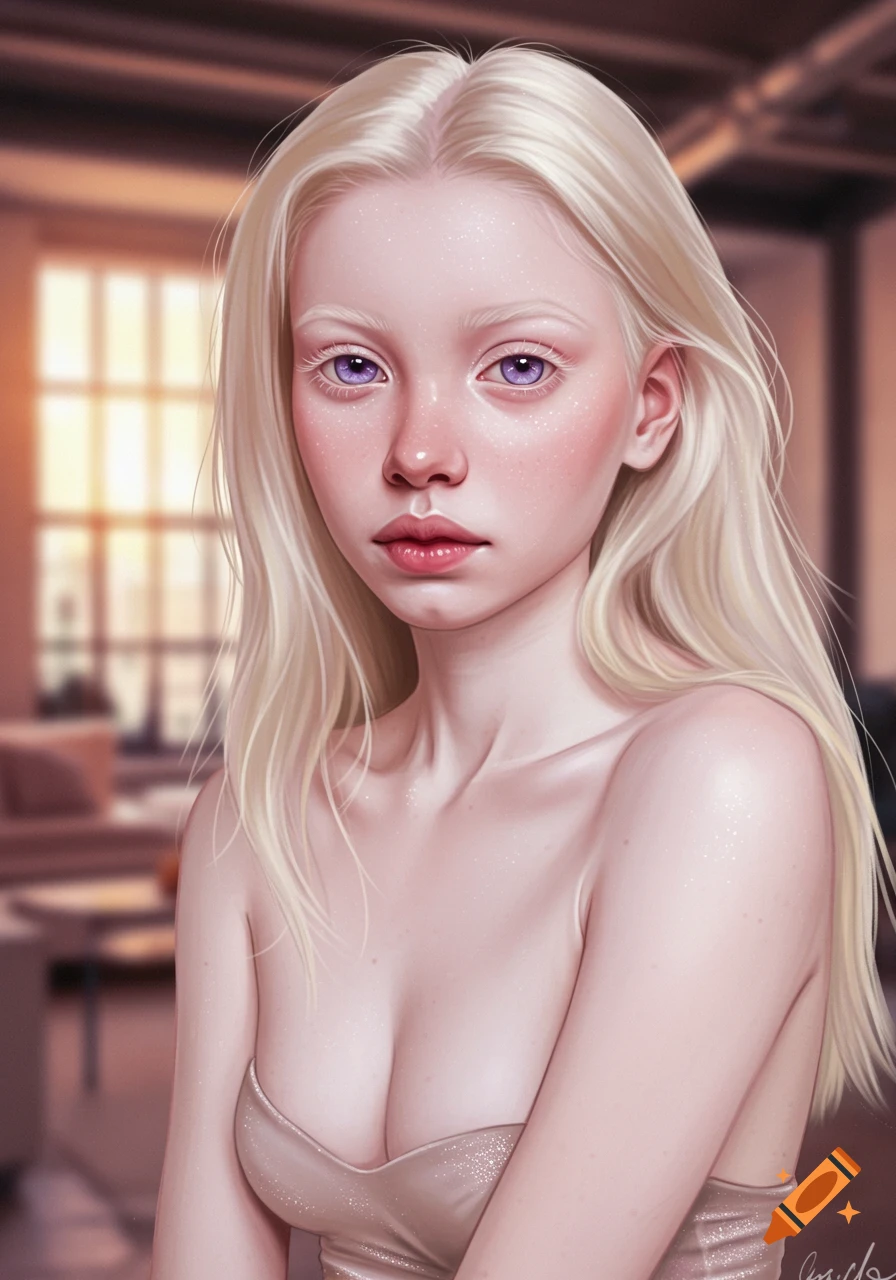 Digital painting of an albino woman with long blonde hair and striking purple eyes, wearing a shimmery top, looking forward.
