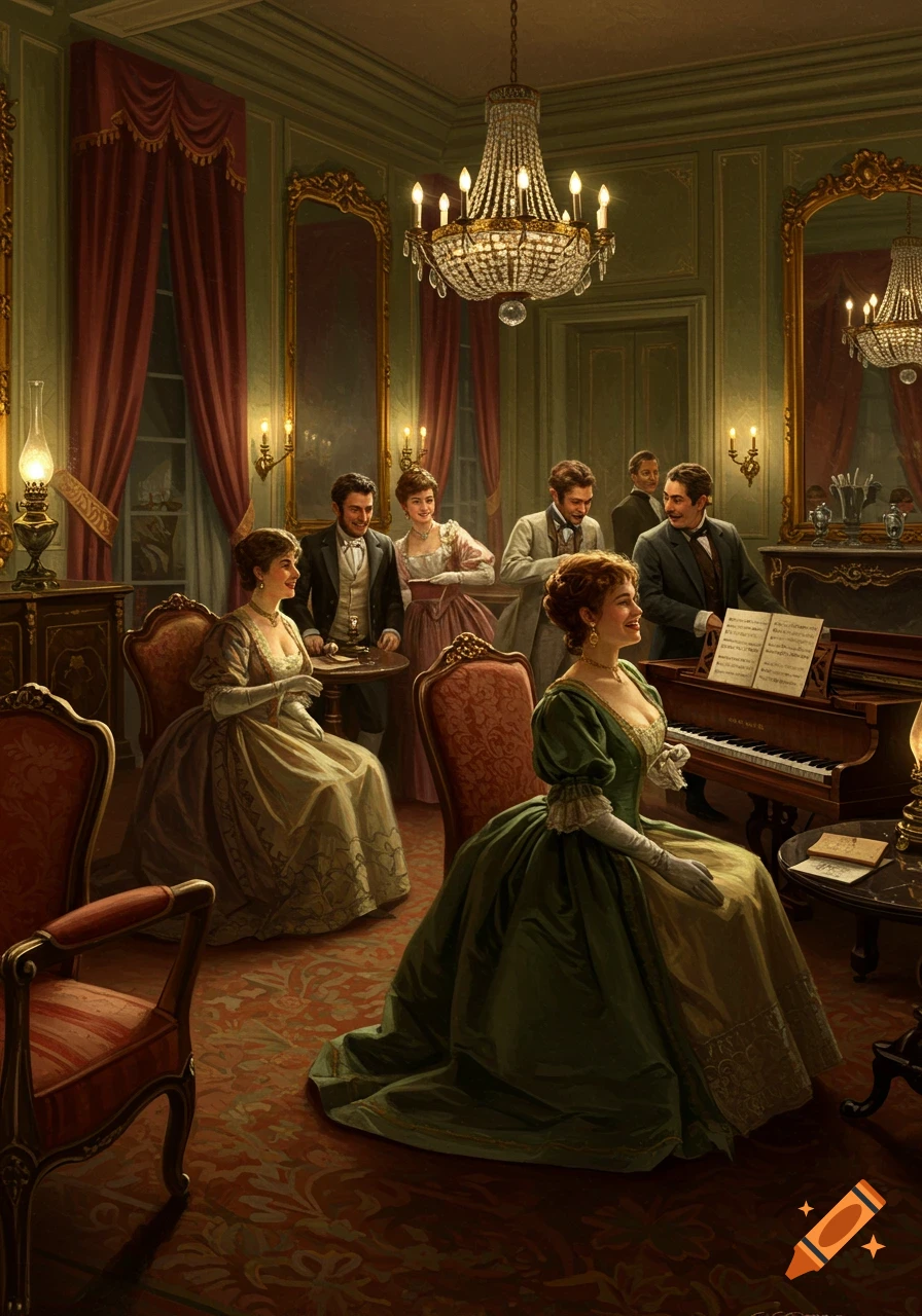 A group of elegantly dressed people gather in a richly decorated room with a grand piano and chandelier, resembling an Arturo Ricci painting.