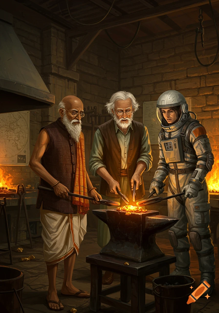 Two elderly men and an astronaut forge glowing gold ore on an anvil in a dark, rustic smithy.