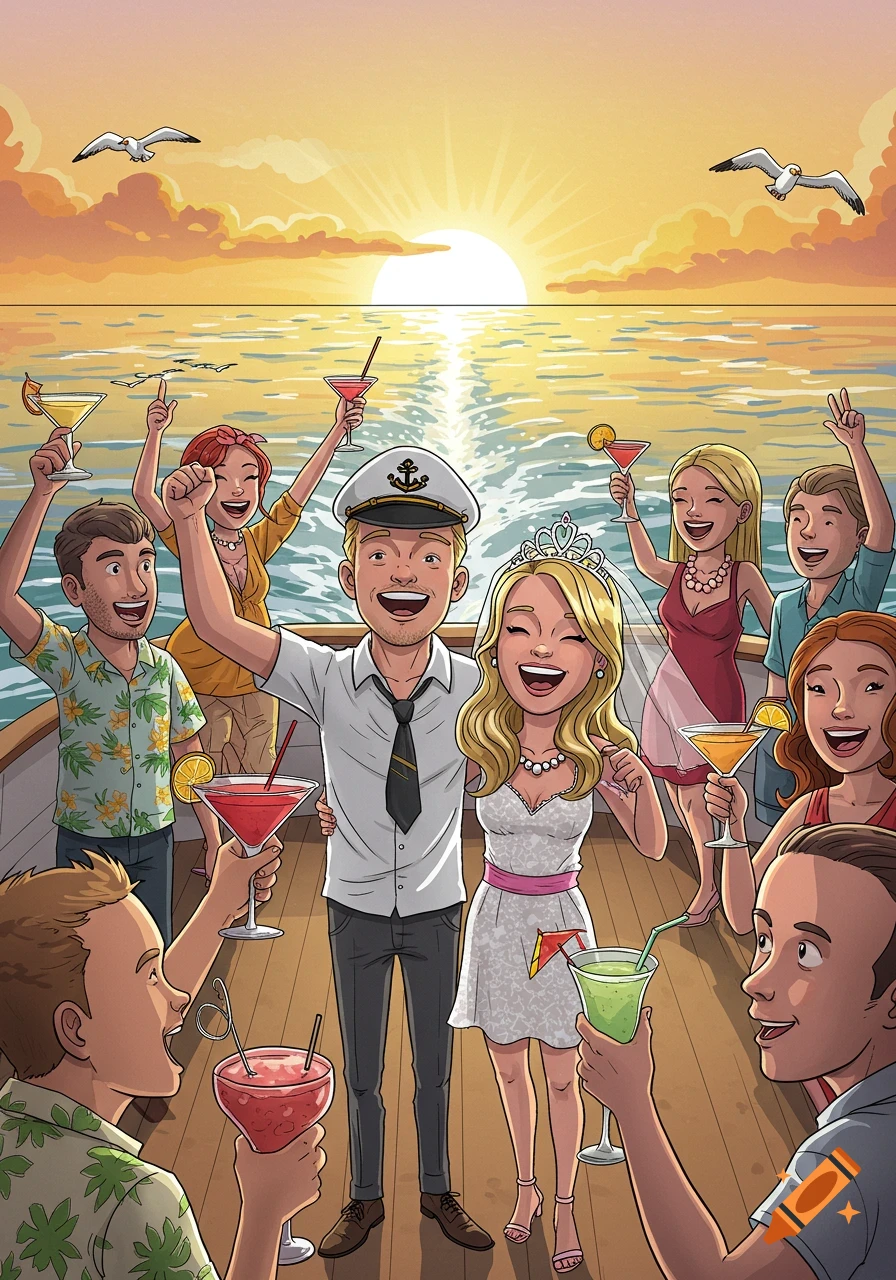 A cartoon of a happy blonde couple and friends celebrating on a cruise ship at sunset, holding cocktails.