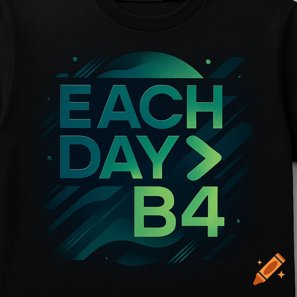 A black t-shirt with a green and teal gradient logo that reads 'EACH DAY > B4'.