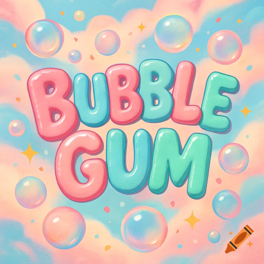 Bubbly pink and blue 'BUBBLE GUM' text with colorful bubbles and stars against a pastel pink and blue sky.