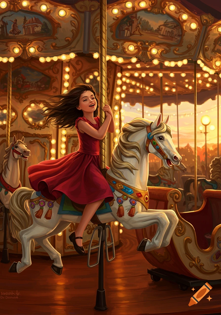 A smiling girl in a red dress joyfully rides a white carousel horse, illuminated by golden light in a warm, painterly illustration.