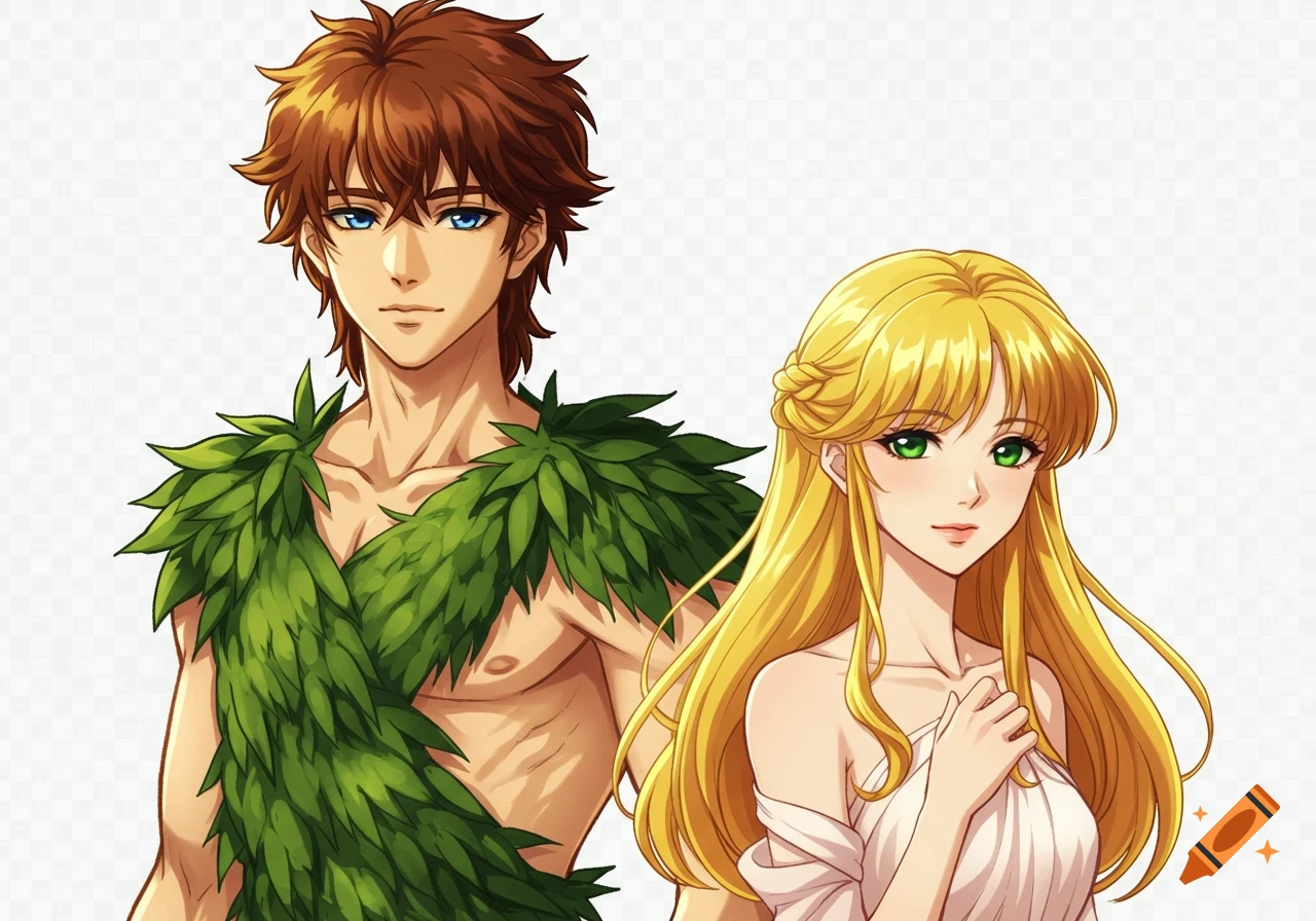 An anime-style depiction of Adam and Eve against a transparent background. Adam has brown hair and blue eyes, wearing leaves. Eve has long blonde hair and green eyes, wearing a white draped cloth.