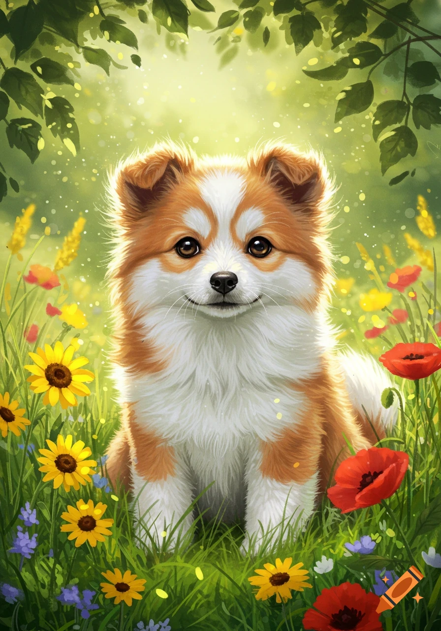 A fluffy brown and white puppy sits in a vibrant meadow filled with colorful sunflowers and red poppies under bright sunlight.