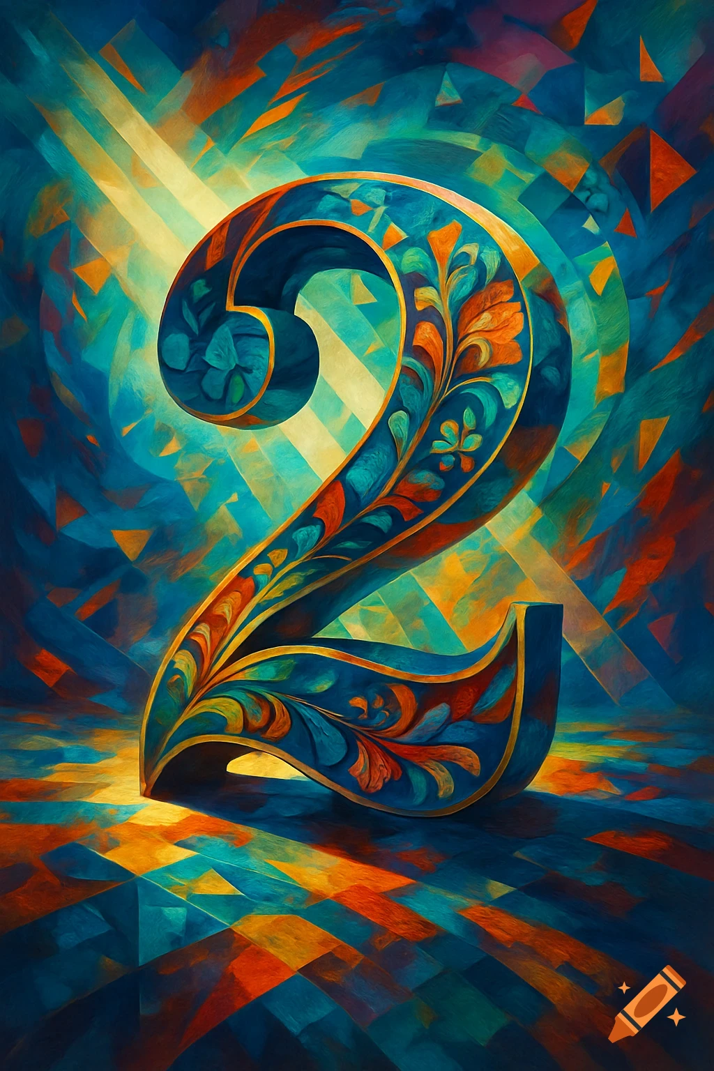 A vibrant, ornate number 2 in a mosaic or stained glass style, featuring swirling patterns in blues, oranges, and yellows.