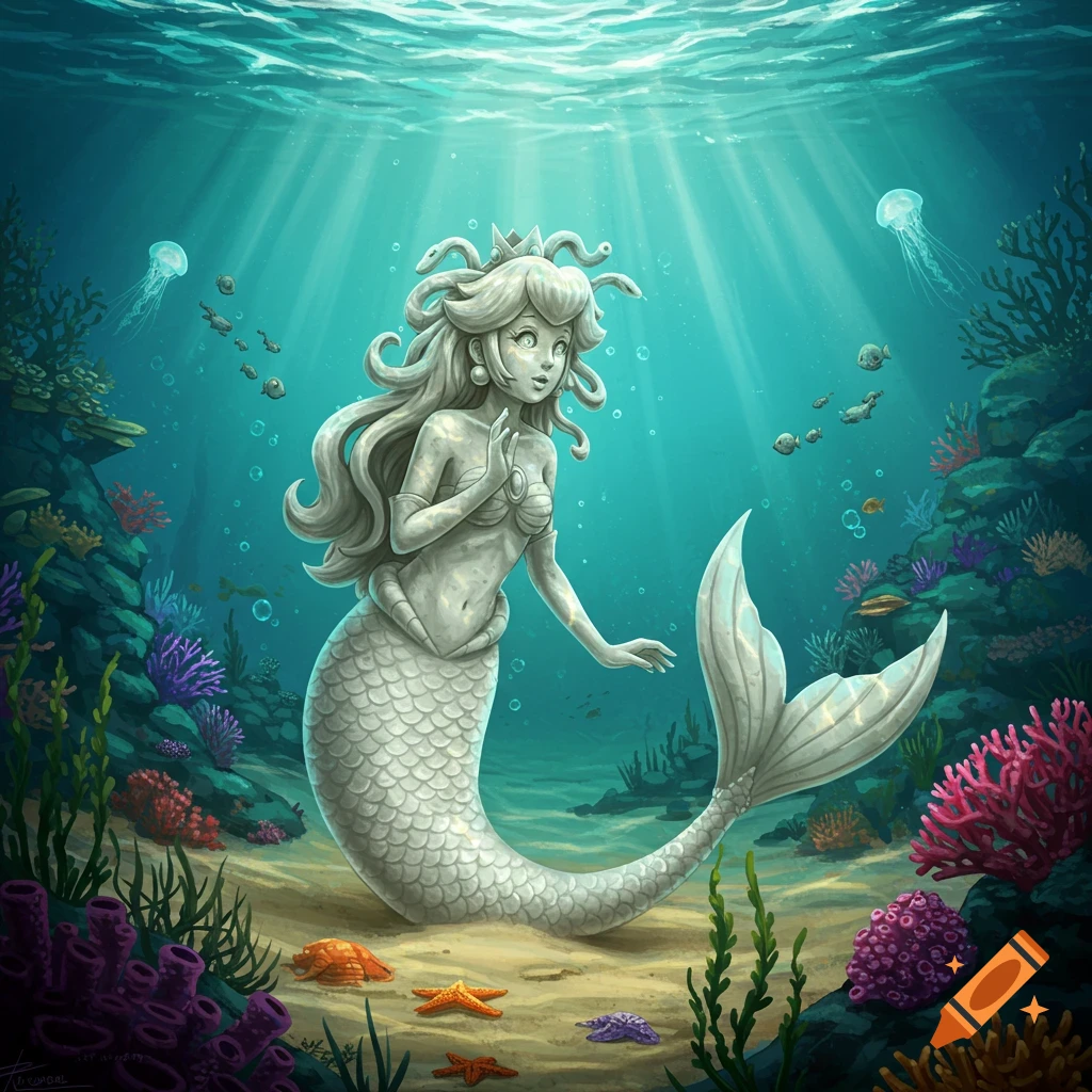 A stone statue of Princess Peach as a mermaid, with snakes in her hair, at the bottom of the ocean with coral and fish.