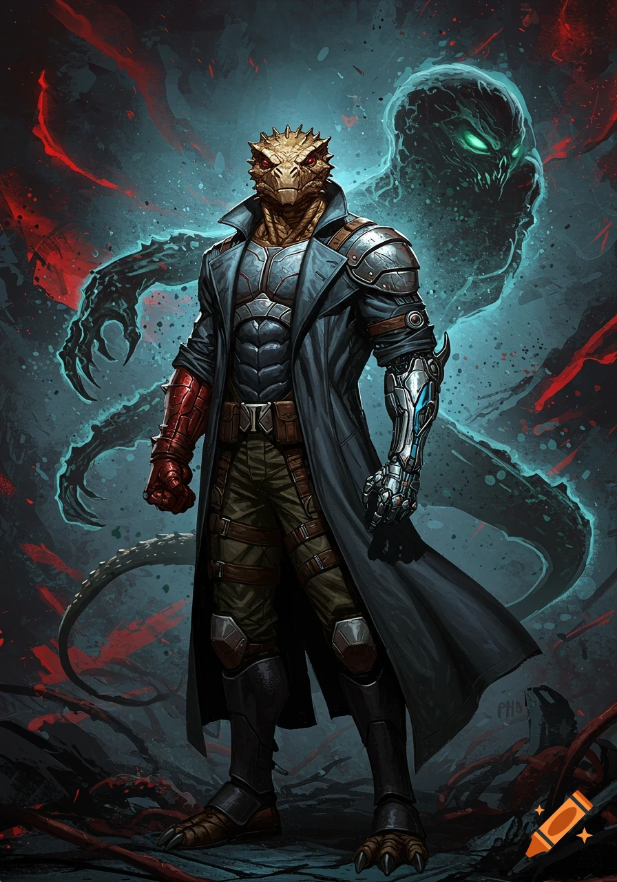 A reptilian humanoid character in a long dark coat, armor, and a cybernetic arm stands against a dark, mystical background with a menacing shadowy figure.