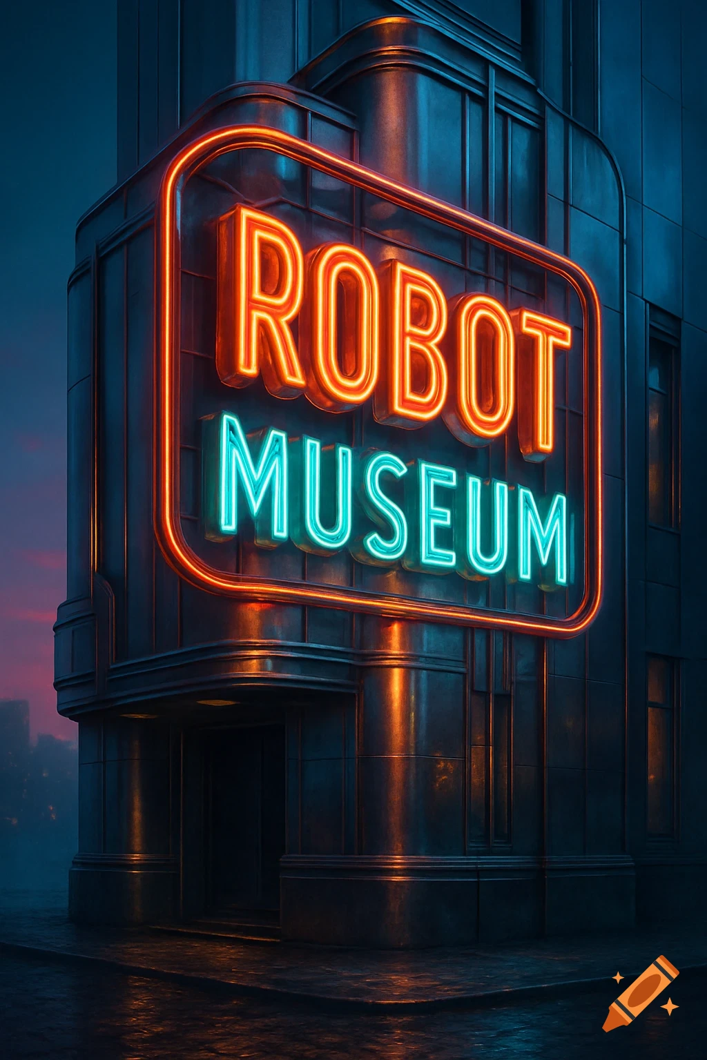 A close-up of a futuristic building with a vibrant orange and teal neon sign that reads 'ROBOT MUSEUM' at dusk.