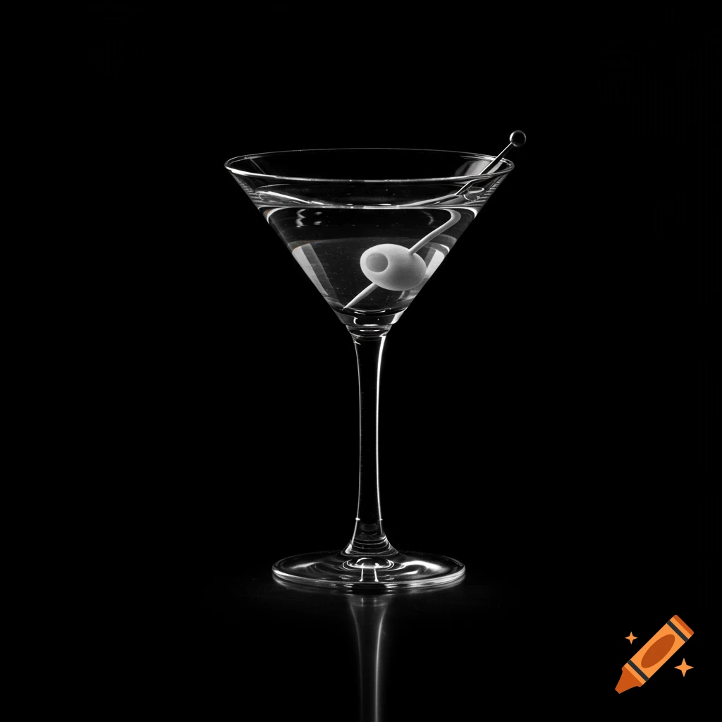 A classic martini in a glass with an olive on a pick, presented against a stark black background with reflections.