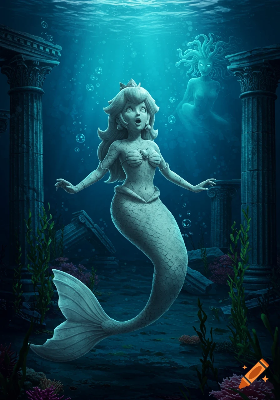 A stone mermaid statue of Princess Peach stands among ancient ruins underwater, with a ghostly Medusa figure in the background.
