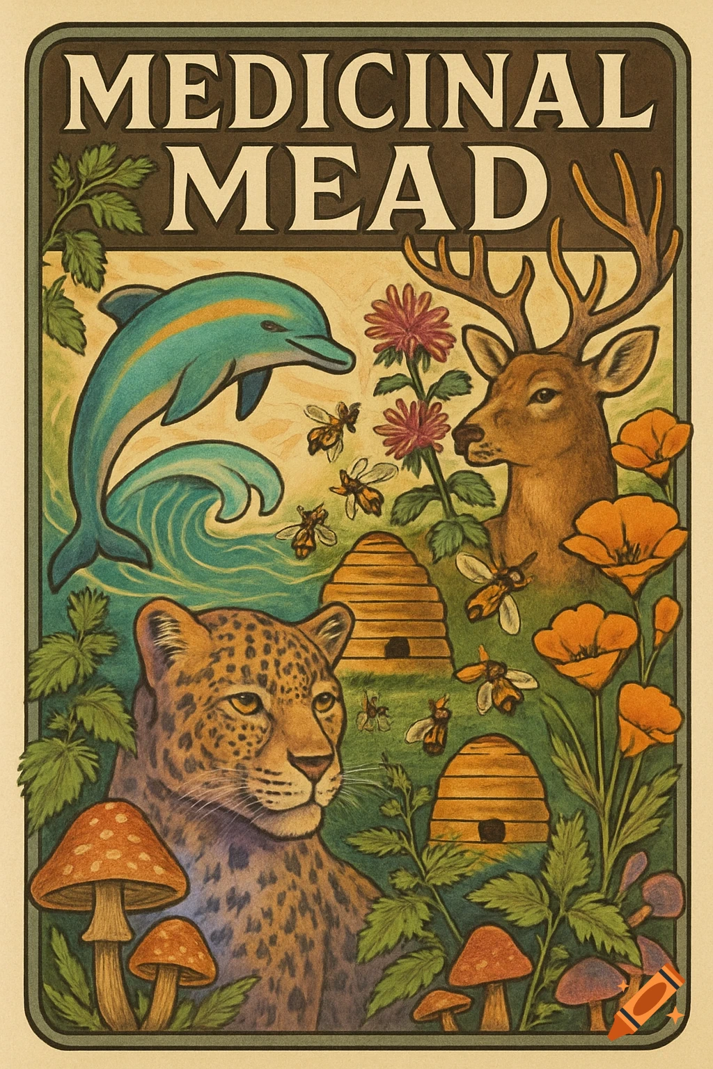 Vintage-style illustration for Medicinal Mead with a dolphin, jaguar, deer, bees, flowers, mushrooms, and beehives.