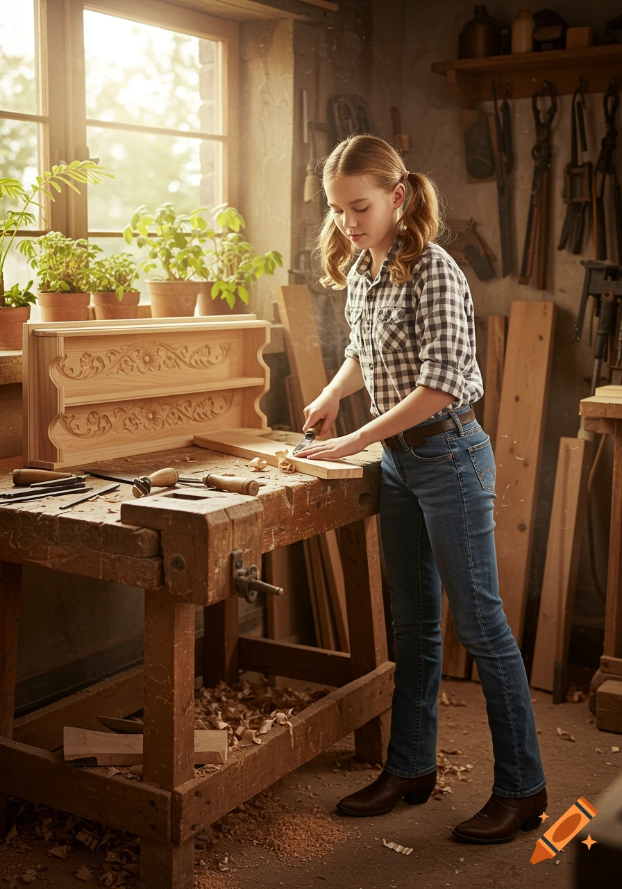 A young girl with pigtails wearing a plaid shirt and jeans carves wood at a workbench in a sunny workshop.