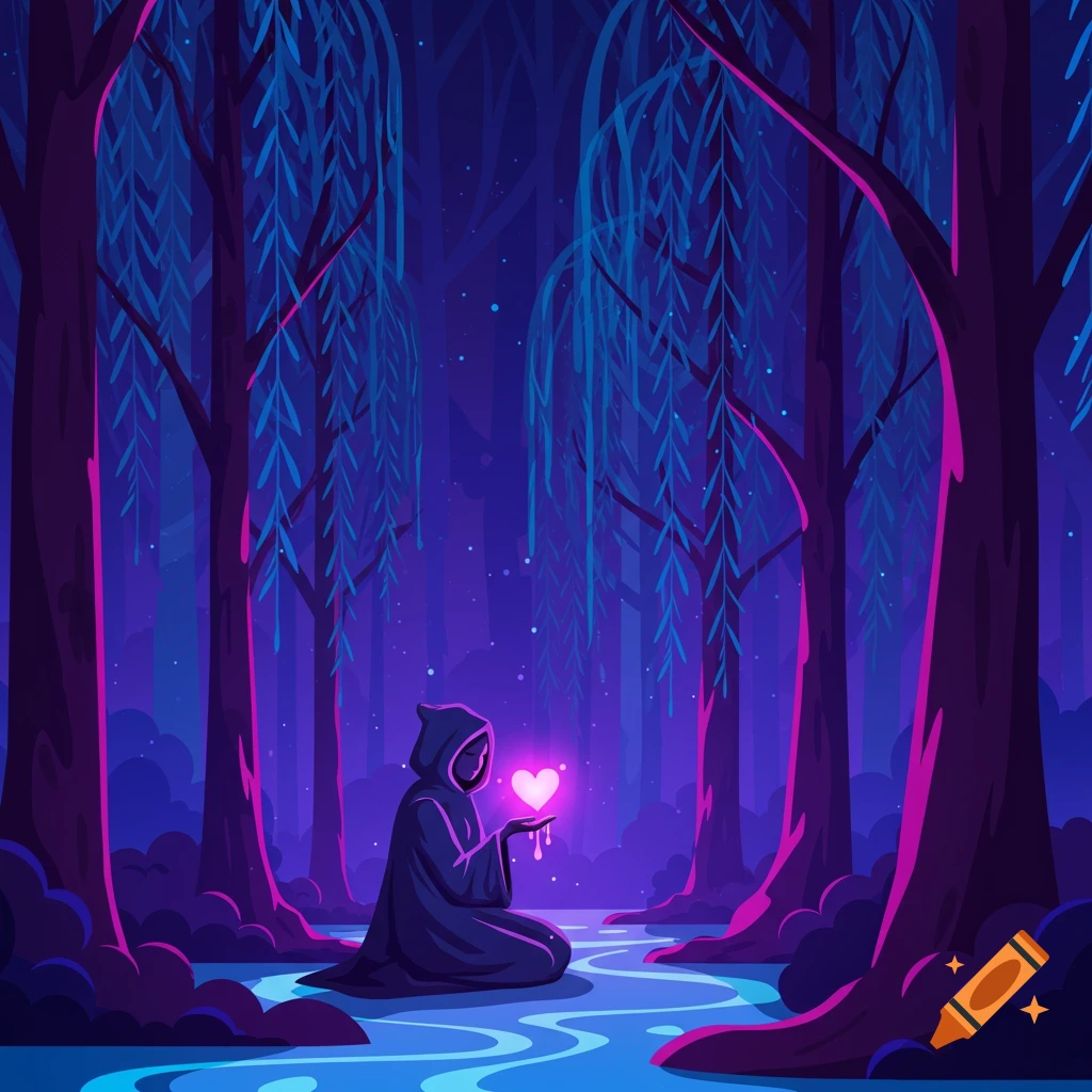 A hooded figure kneels in a dark, neon forest with blue and pink glowing trees, holding a bright pink glowing heart dripping over a winding blue stream.