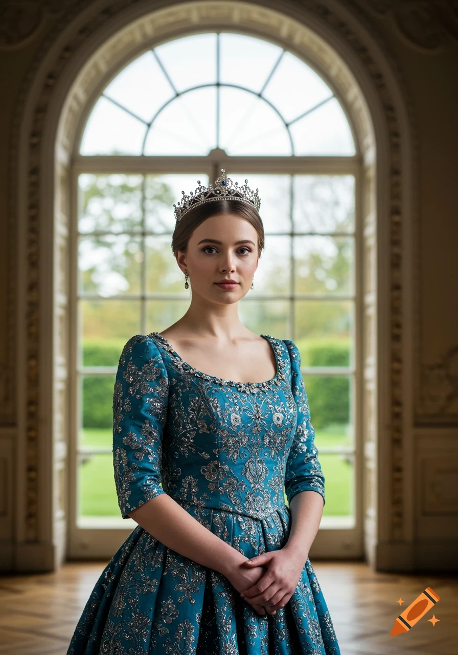 Photorealistic portrait of a young queen in a teal and silver embroidered gown, wearing a silver tiara, standing by a grand palace window.