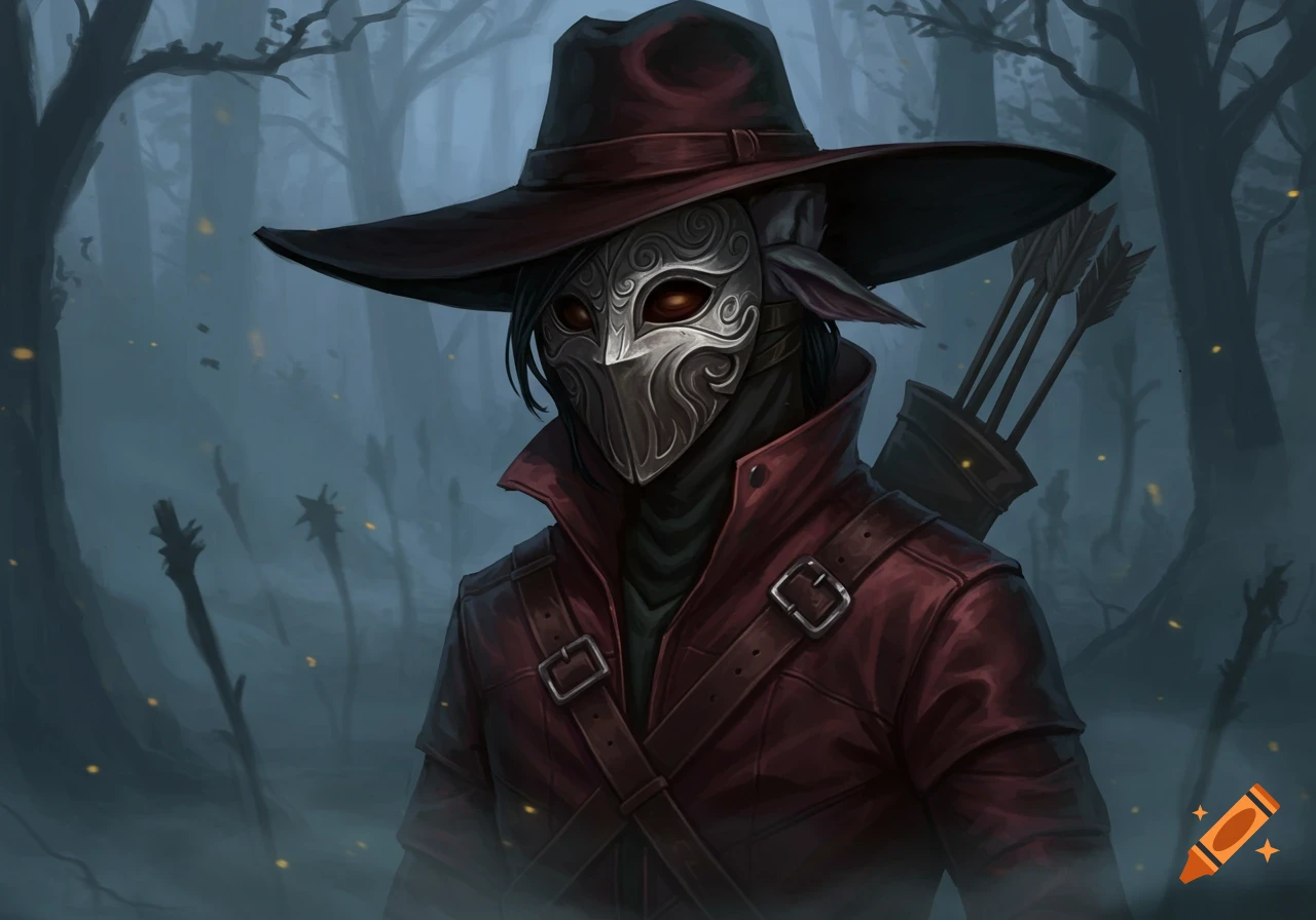 A masked ranger in a wide-brimmed hat and red coat stands in a misty, dark forest, with a quiver of arrows on their back.