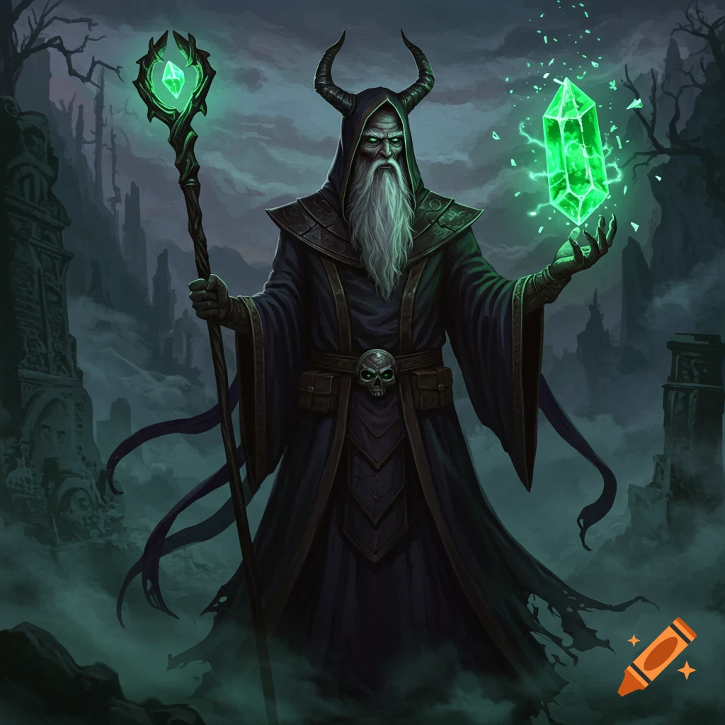 A horned evil wizard with a long white beard holding a glowing green crystal and a staff, standing in a dark, misty, ruined landscape.