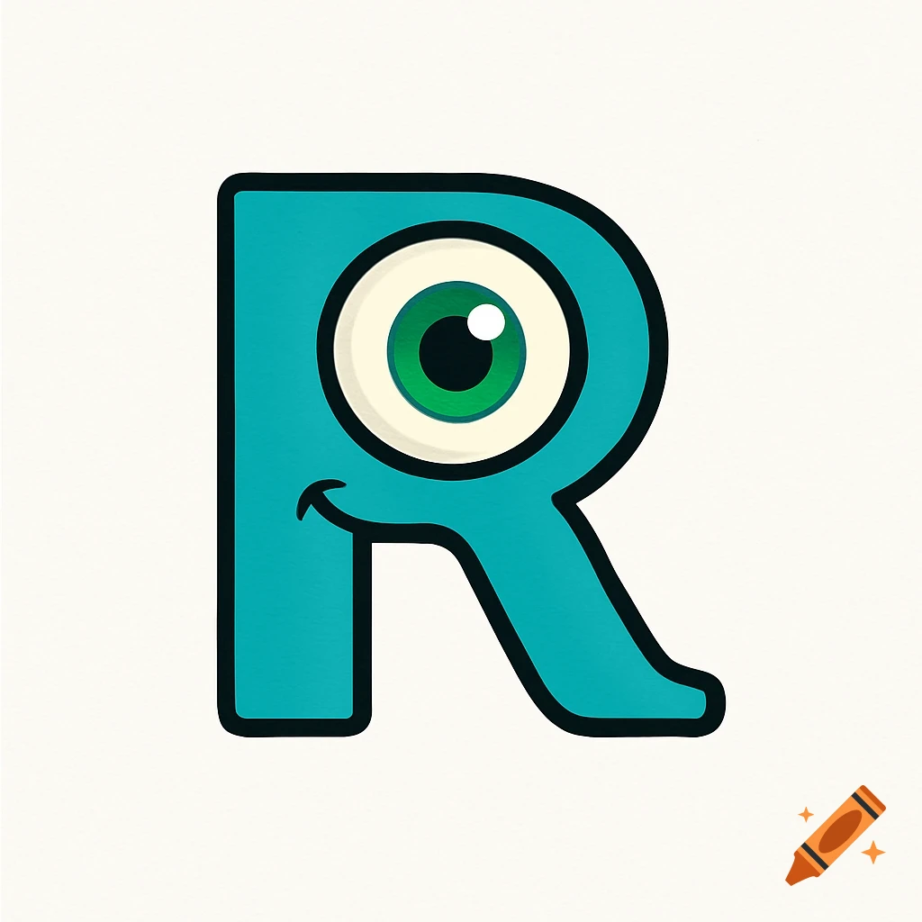 A turquoise cartoon letter R with a large green eye and a smile, against a white background.