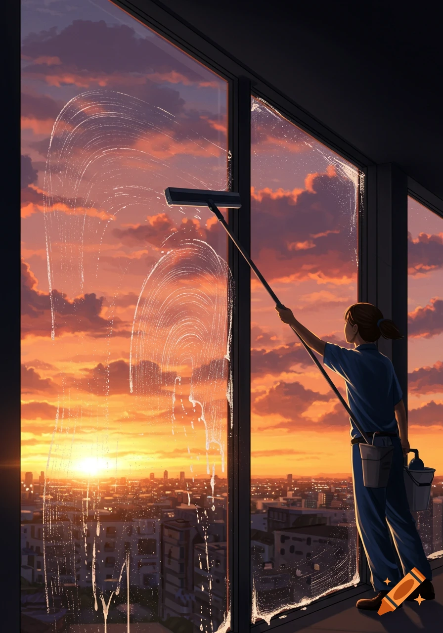 An illustrated view of a person cleaning a skyscraper window with a squeegee, overlooking a vibrant orange sunset city skyline.