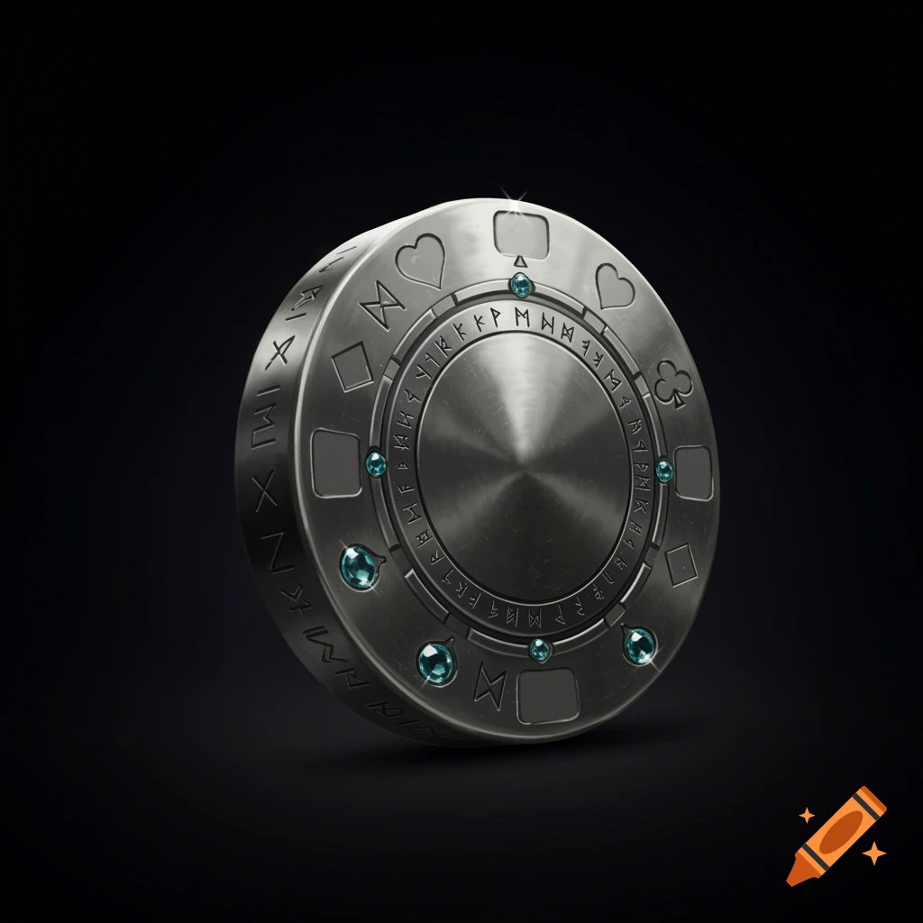 A shiny metal poker chip with carved card suit symbols, runic engravings, and small turquoise jewels on a dark background.