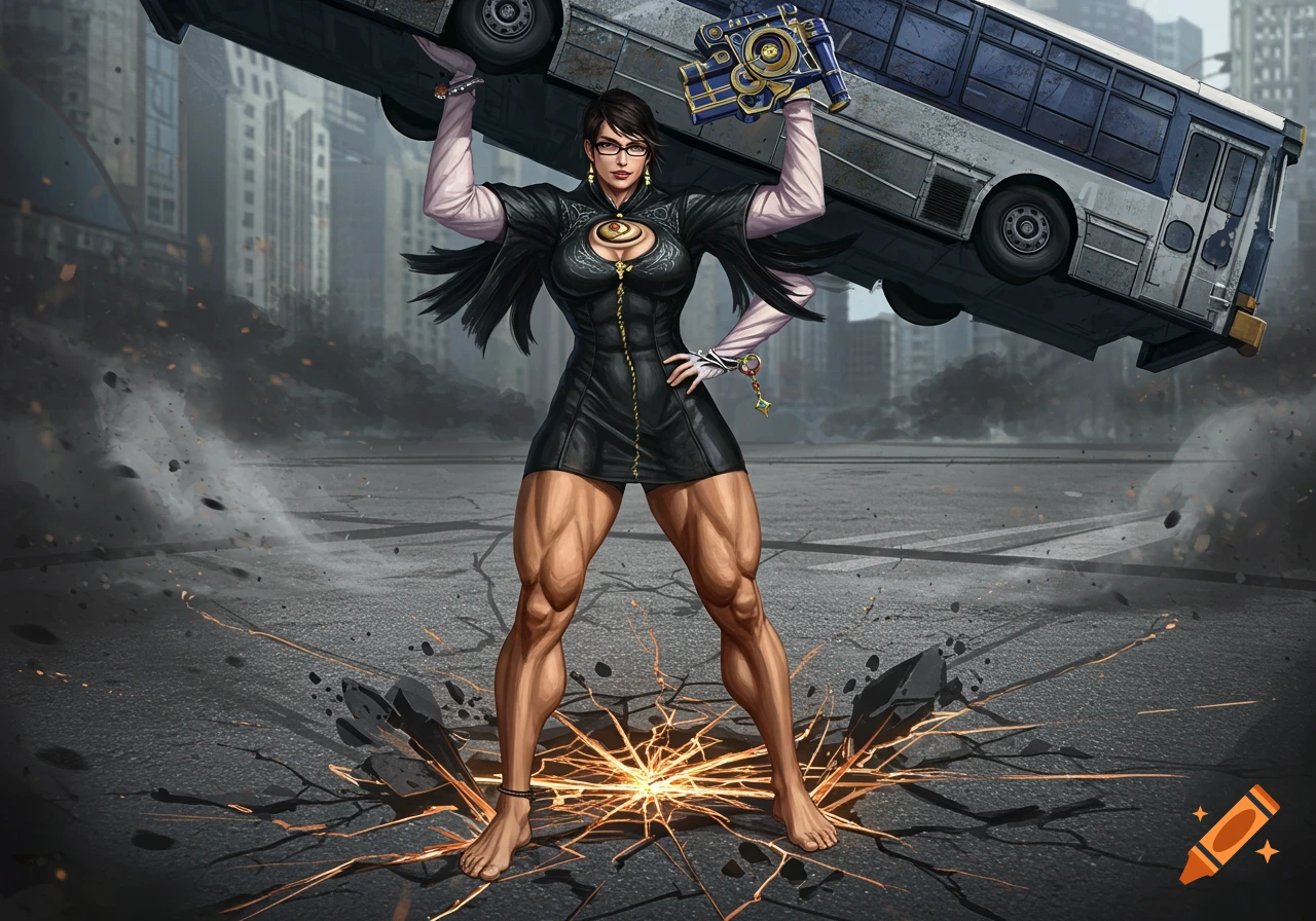 Bayonetta, a woman with short black hair and glasses, in a black dress, lifts a large bus over her head with one hand amidst a cracked street in a ruined city.