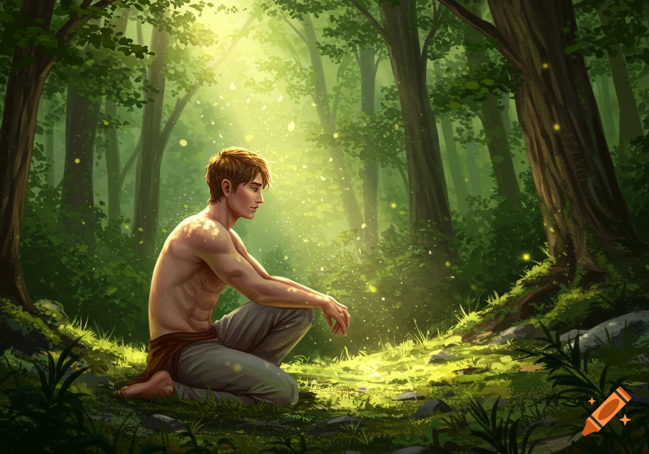 A shirtless man with brown hair kneels in a sunlit forest, surrounded by glowing particles.