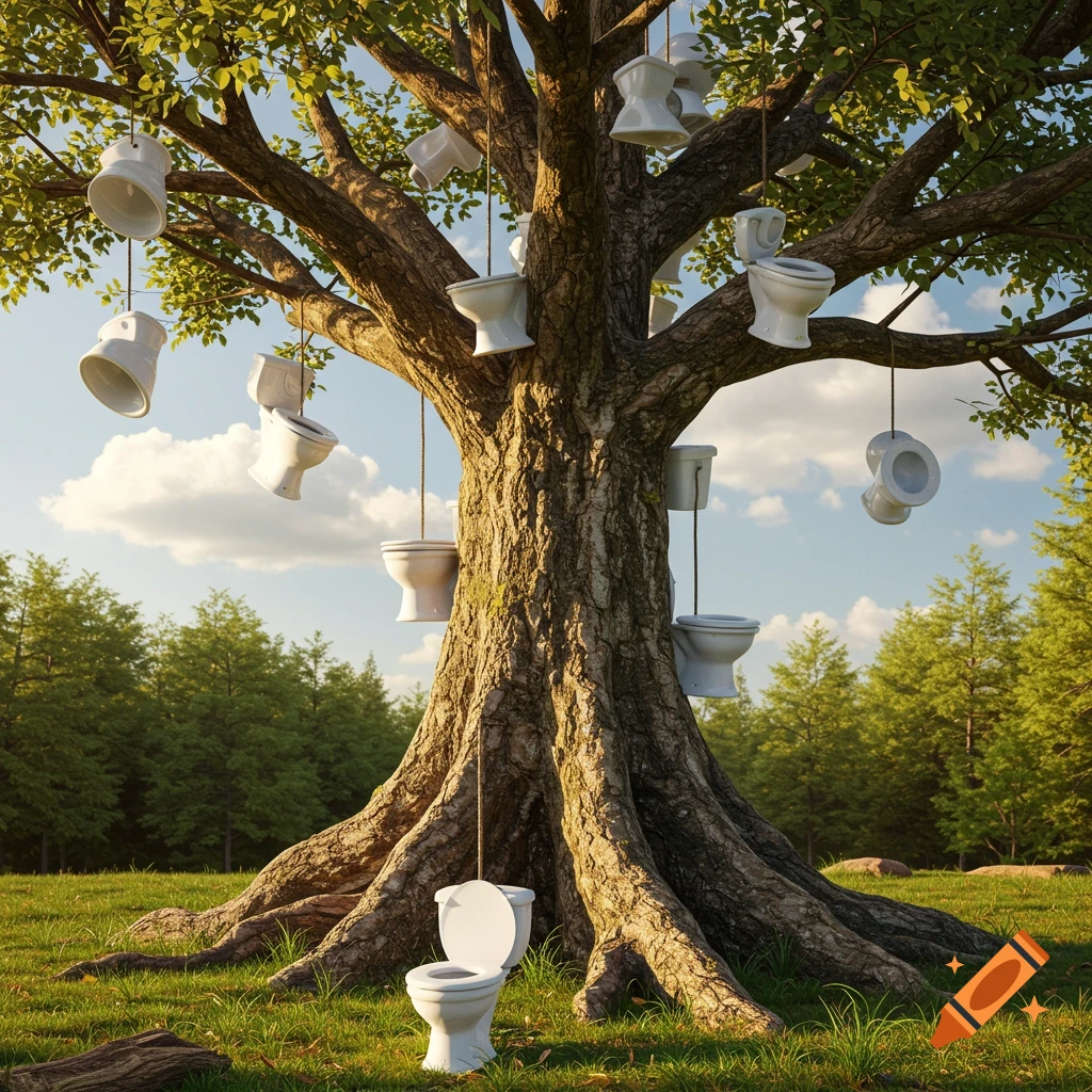 A photorealistic image of a large tree with white toilets hanging from its branches like fruit, in a sunny outdoor setting.